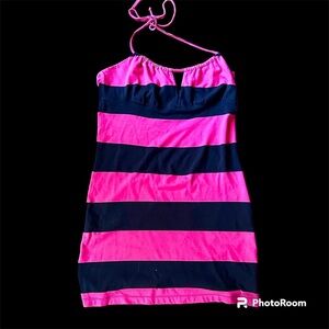 Tommy Hilfiger Casual Halter Dress 100% Cotton Navy and Pink Stripes Size Medium